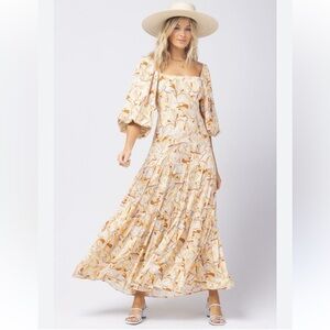 L*Space Bahia Balloon Sleeve Bohemian Cream & Orange Floral Tiered Maxi Dress XS